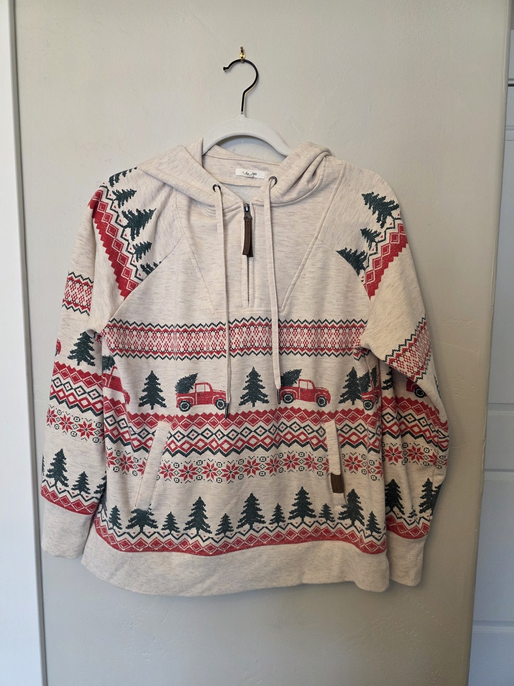 Maurices Cream Hoodie Sweater with Red Truck & Green Tree Motif